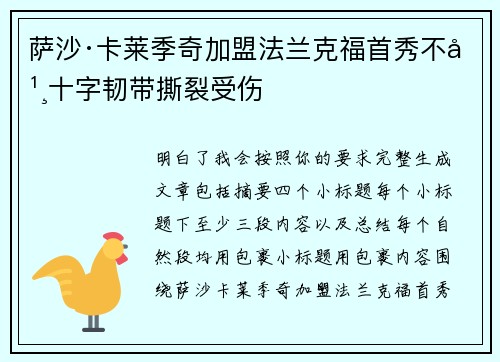 萨沙·卡莱季奇加盟法兰克福首秀不幸十字韧带撕裂受伤